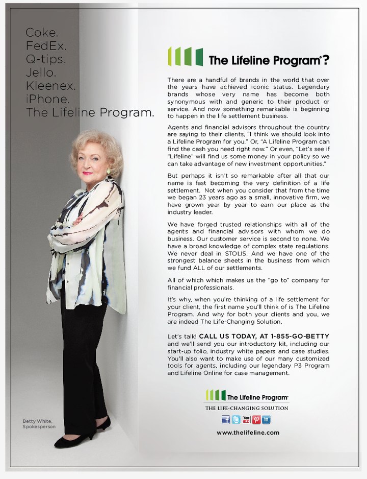The Lifeline Program trade advertisement — 'Coke. FedEx. Q-tips. Jello. Kleenex. iPhone. The Lifeline Program.' with Betty White as spokesperson