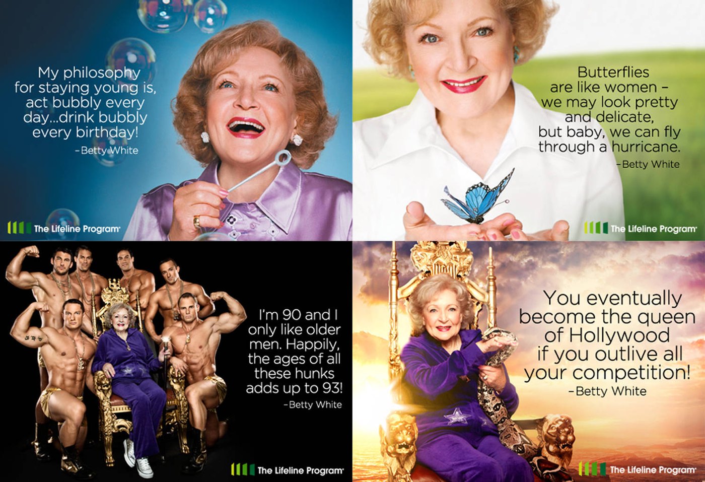 The Lifeline Program postcard series — four Betty White quote cards: bubbles, butterflies, the gold throne with bodybuilders, and the queen of Hollywood