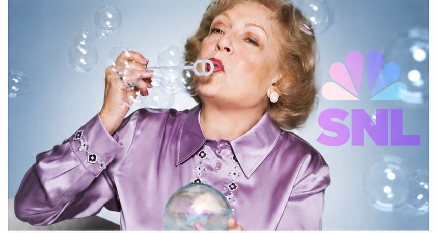 Betty White blowing bubbles beside the SNL logo — The Lifeline Program campaign image that ran in The New York Times