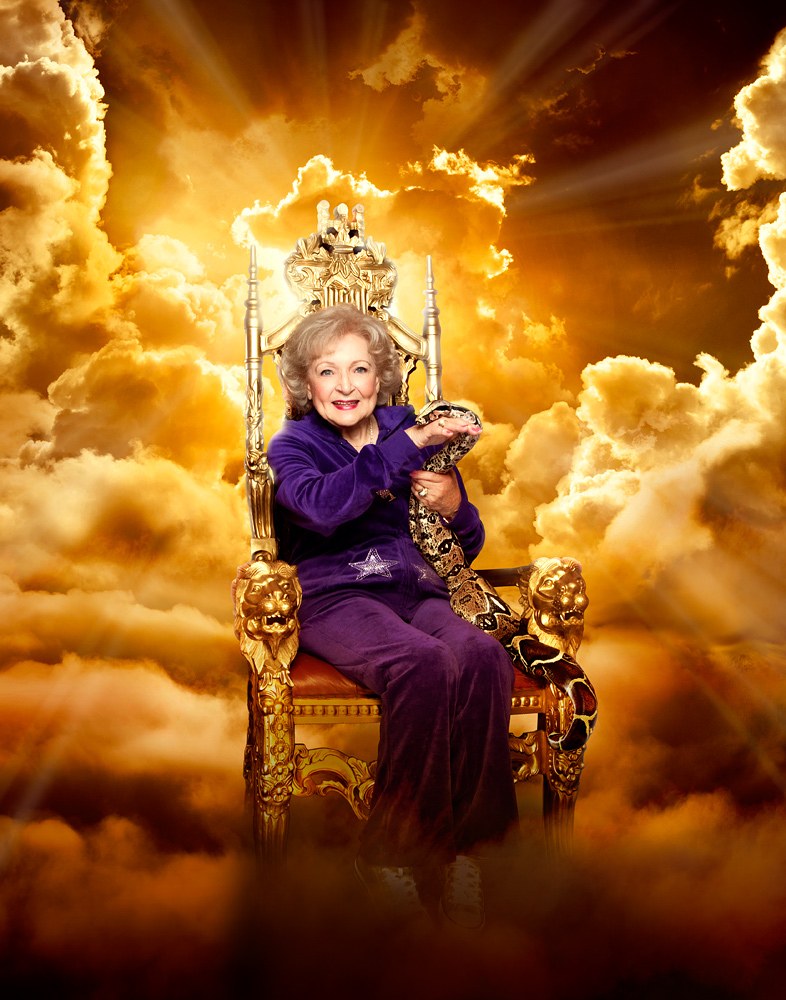 The finished Lifeline Program campaign image — Betty White enthroned in golden clouds, the category's public face