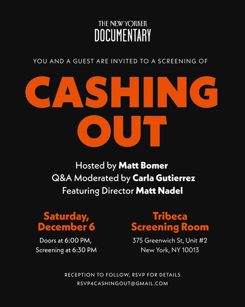 Invitation to the New York screening of Cashing Out, hosted by Matt Bomer at the Tribeca Screening Room, 6 December 2025