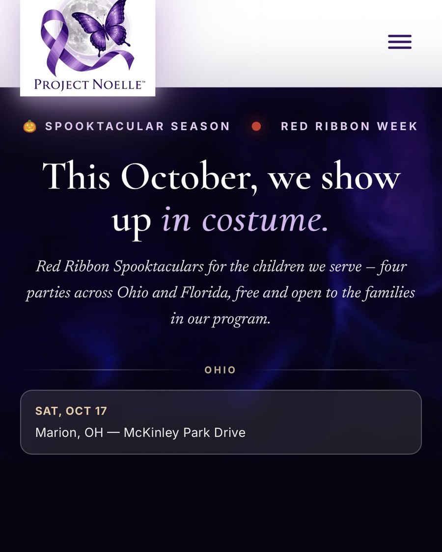 ProjectNoelle.com on a phone: Red Ribbon Spooktaculars, four parties across Ohio and Florida