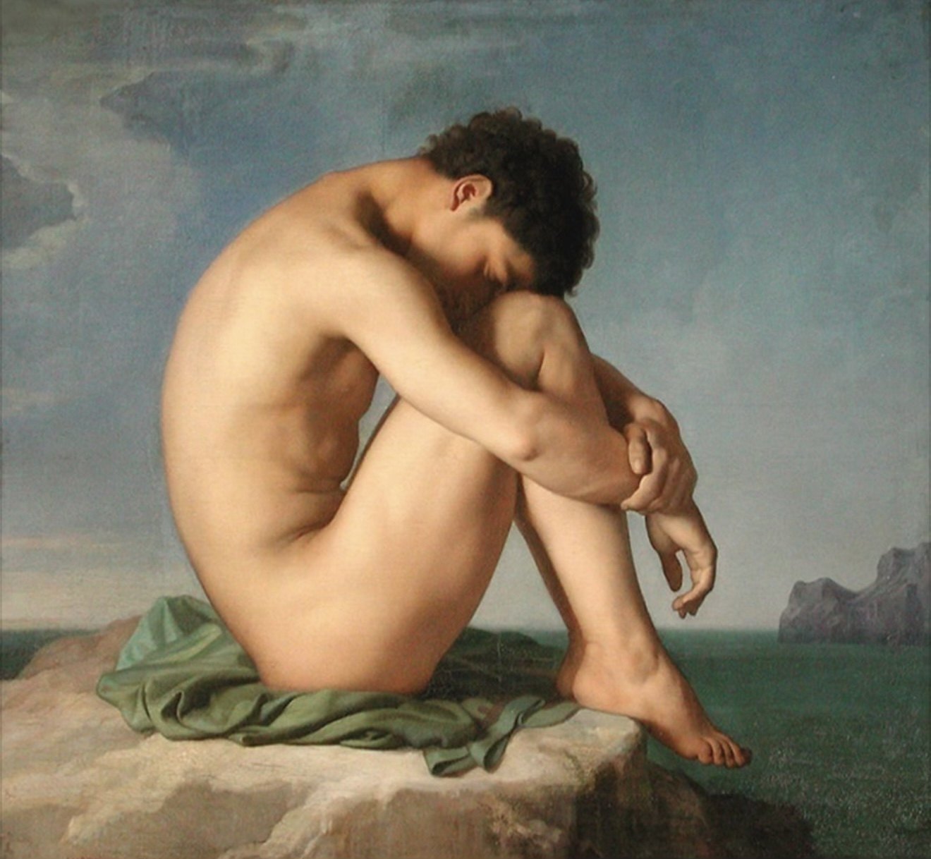 Jean-Hippolyte Flandrin's 1836 painting of a nude young man seated on a rock by the sea, arms wrapped around his knees, head resting on them.
