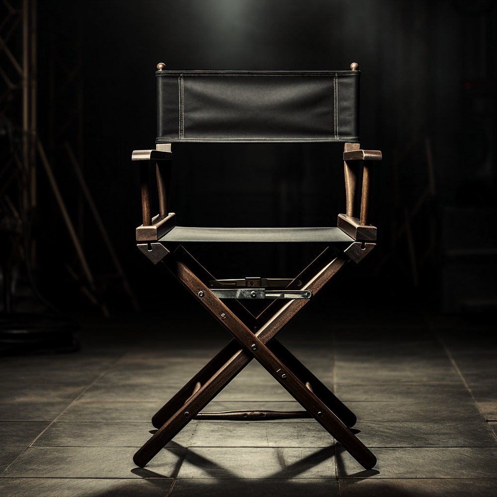 An empty director's chair under a single light on a dark soundstage