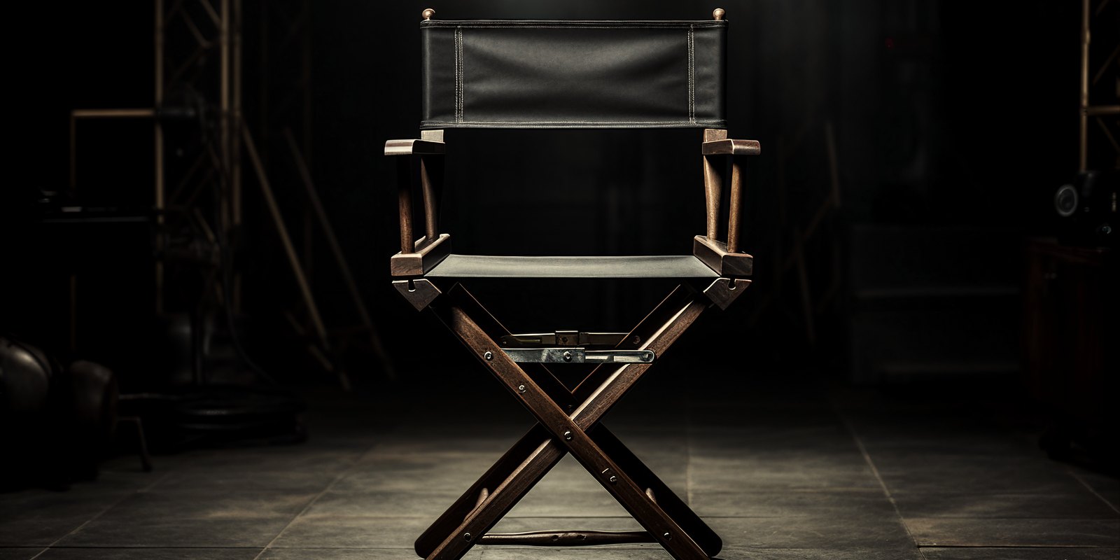 An empty director's chair under a single light on a dark soundstage