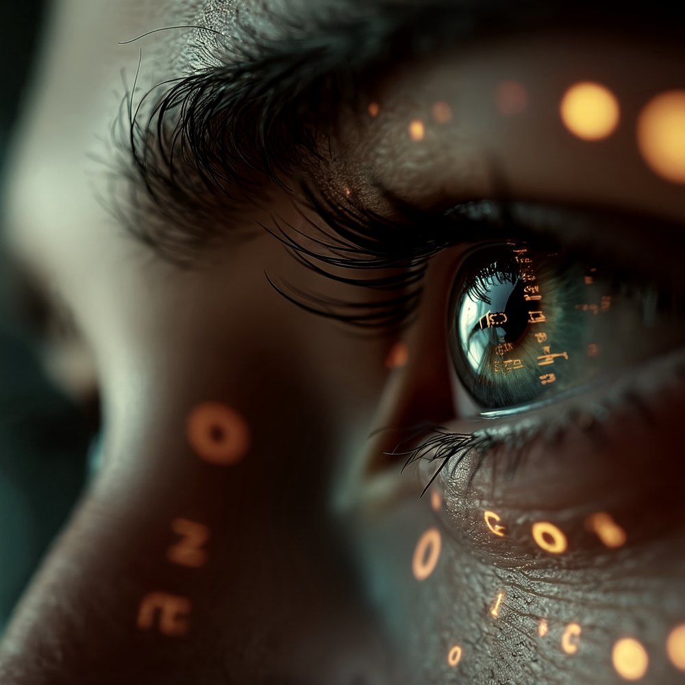 Close-up of an eye reflecting streams of glowing code