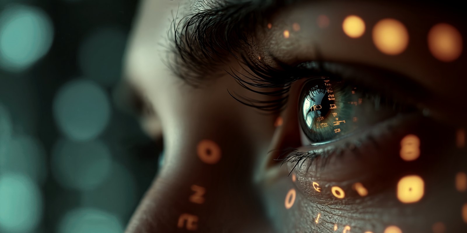 Close-up of an eye reflecting streams of glowing code