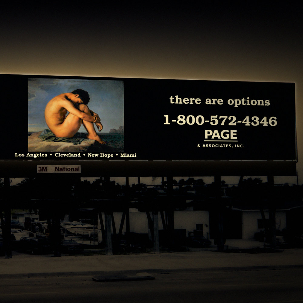 The actual 1994 billboard over a Fort Lauderdale marina: on a black 3M National face, the words terminally ill… beside Hippolyte Flandrin's painting of a nude young man by the sea, then there are options, a 1-800 number and the Page & Associates name