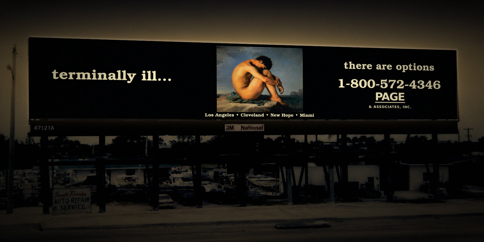 The actual 1994 billboard over a Fort Lauderdale marina: on a black 3M National face, the words terminally ill… beside Hippolyte Flandrin's painting of a nude young man by the sea, then there are options, a 1-800 number and the Page & Associates name