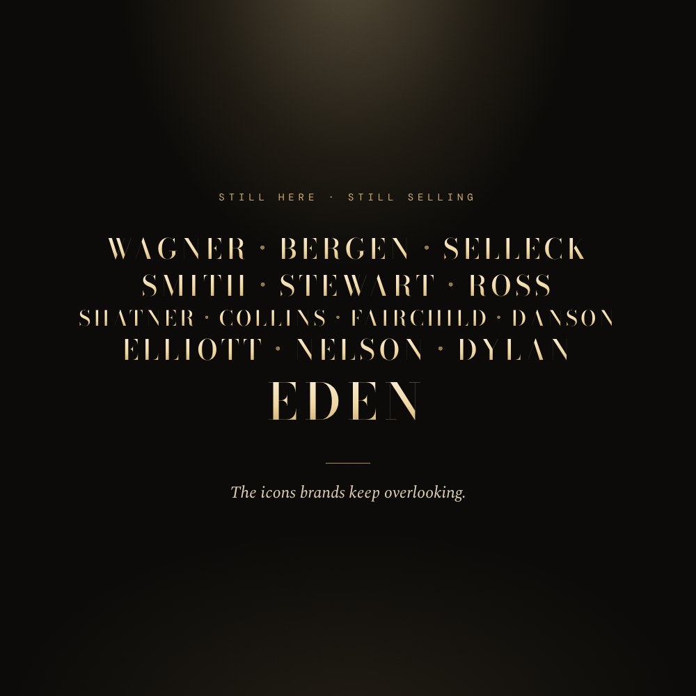 A movie-poster billing block in gold Bodoni capitals on black: Wagner, Bergen, Selleck, Smith, Stewart, Ross, Shatner, Collins, Fairchild, Danson, Elliott, Nelson, Dylan and, largest, Eden