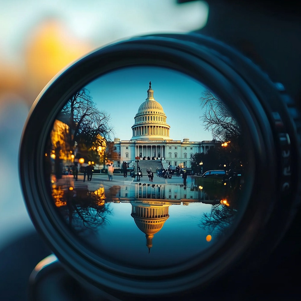The dome of the U.S. Capitol in sharp focus through a camera lens at dusk, the scene around it thrown out of focus