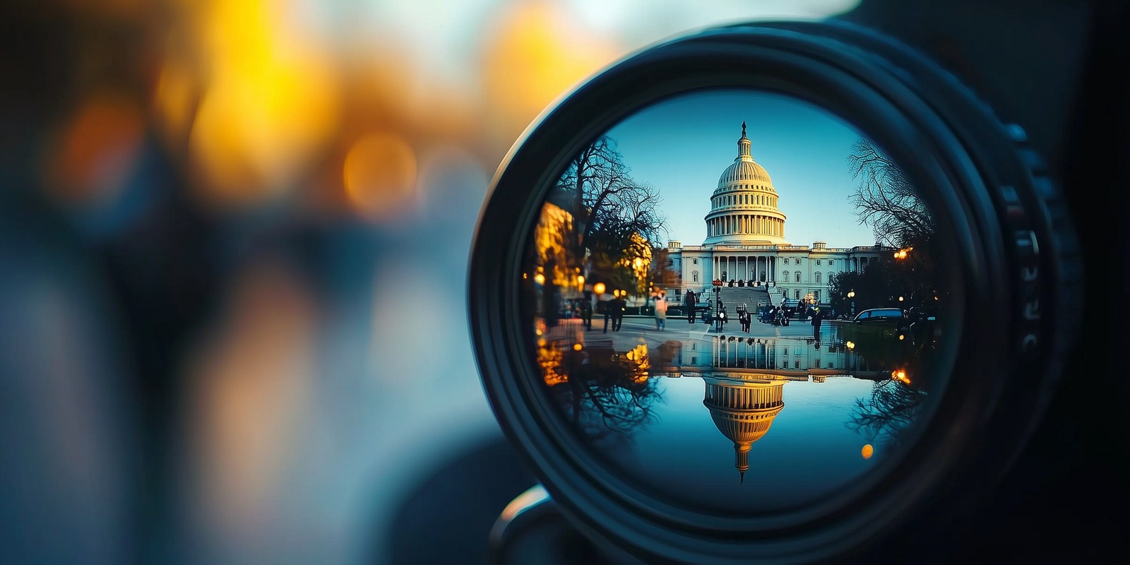 The dome of the U.S. Capitol in sharp focus through a camera lens at dusk, the scene around it thrown out of focus