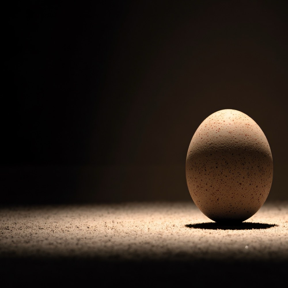 A single speckled egg standing upright in a pool of hard overhead light on dark sand, the frame black on every side