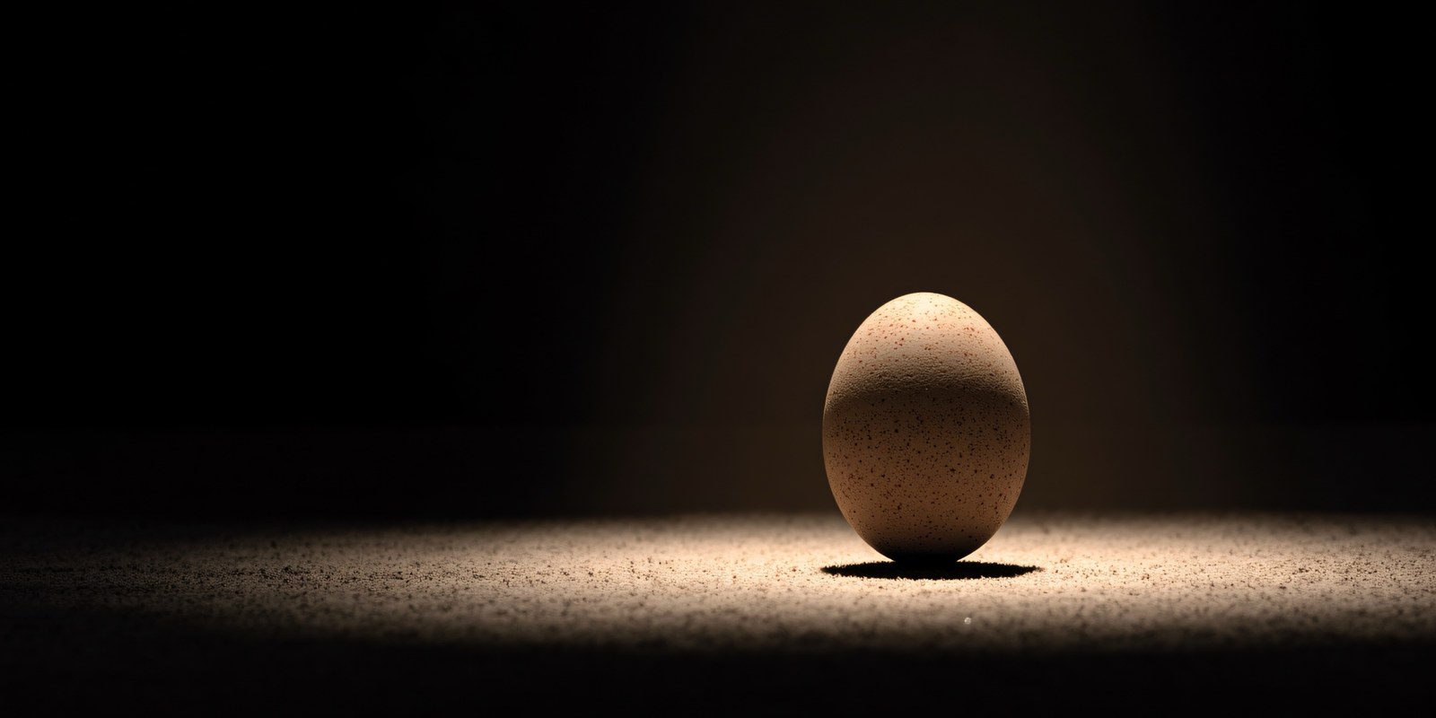 A single speckled egg standing upright in a pool of hard overhead light on dark sand, the frame black on every side