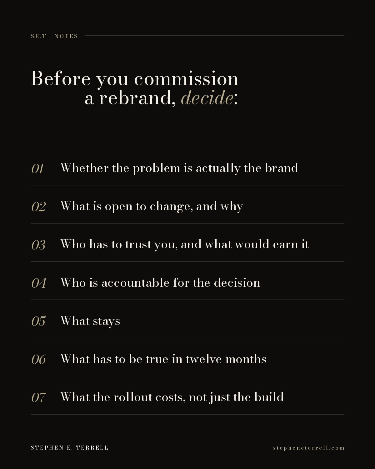 Seven decisions before commissioning a rebrand: whether the problem is actually the brand; what is open to change and why; who has to trust you and what would earn it; who is accountable for the decision; what stays; what has to be true in twelve months; what the rollout costs, not just the build.