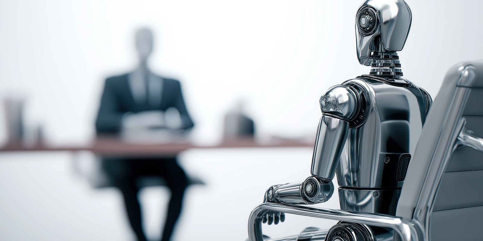 A chrome humanoid robot seated in an office chair, waiting across a desk from a blurred businessman