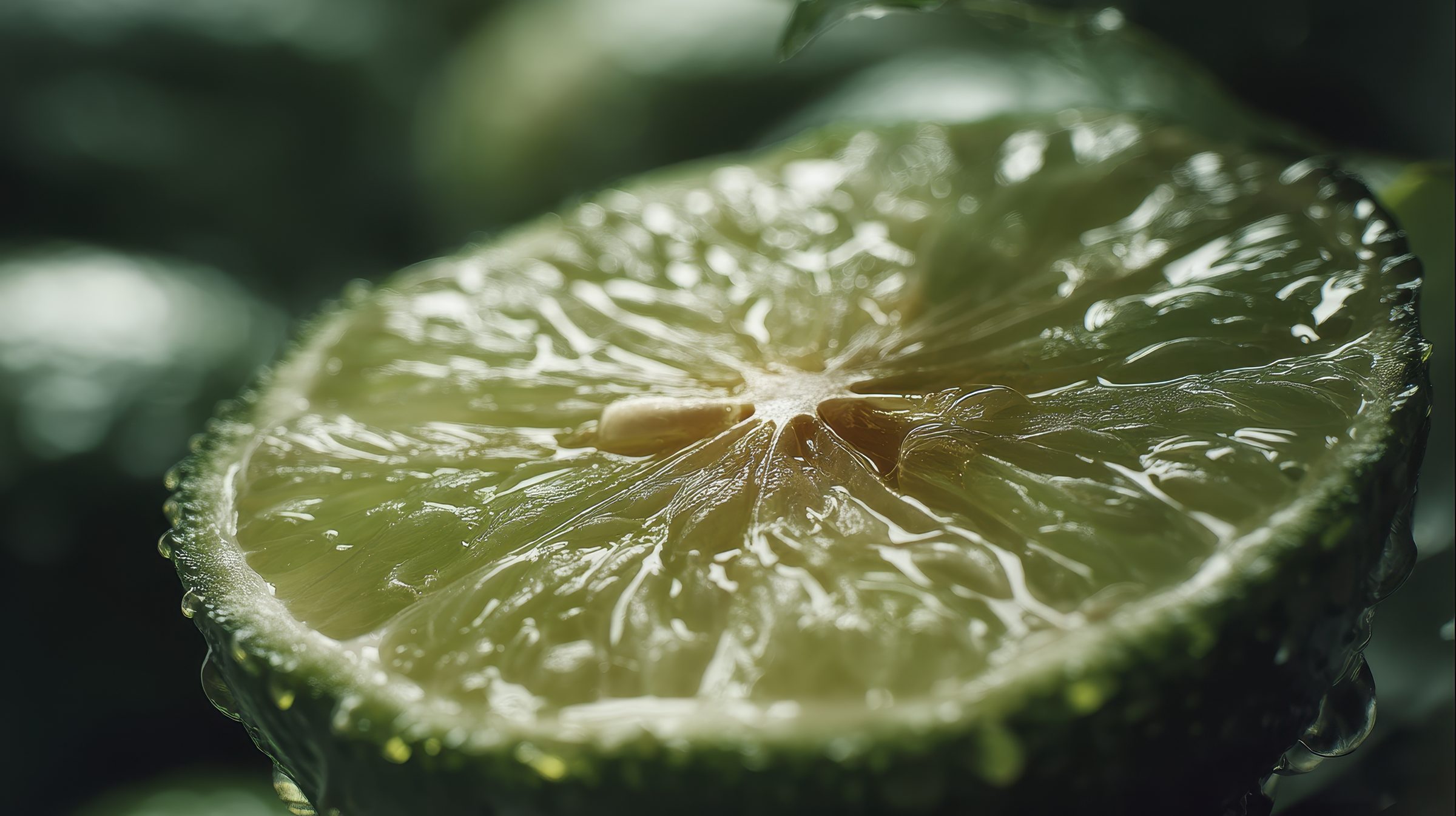 Macro close-up of a backlit key lime slice, juice and pulp glistening